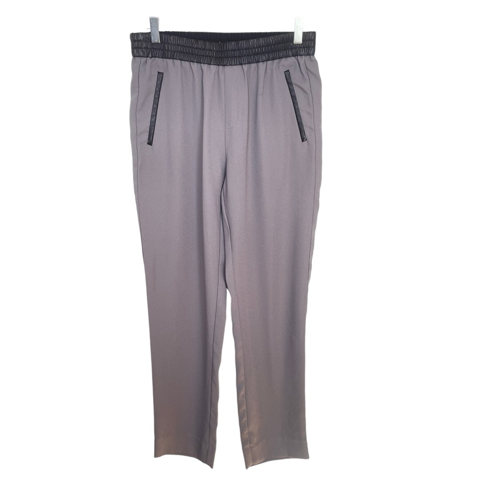 Banana Republic Grey Trousers Faux Black Leather Elastic Waist Zip Pockets Sz 8 - Picture 3 of 11